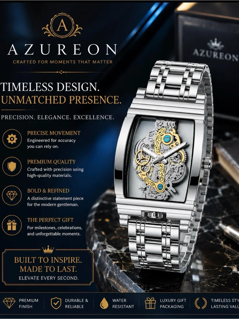 AZUREON Luxury Silver Men’s Watch | Elegant Stainless Steel Timepiece |